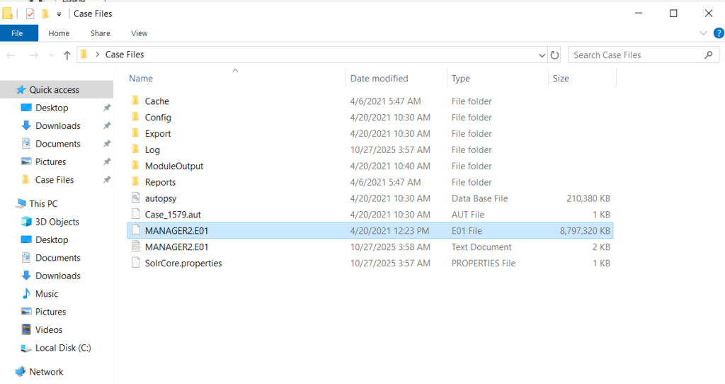 showed the evidence files processed by autopsy
