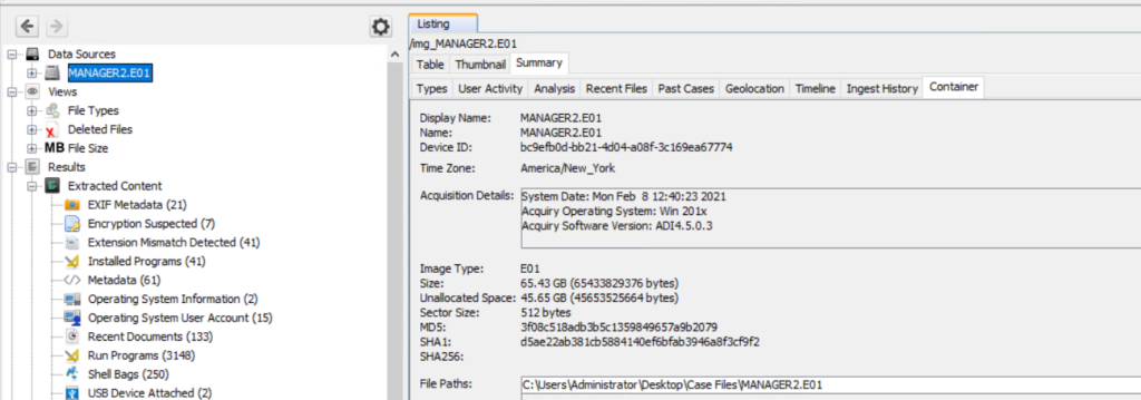 generated a general overview of the image in Autopsy