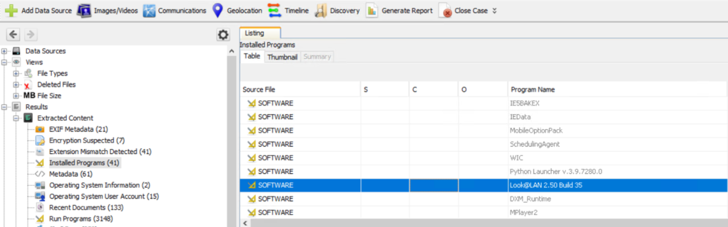 listed installed apps in Autopsy