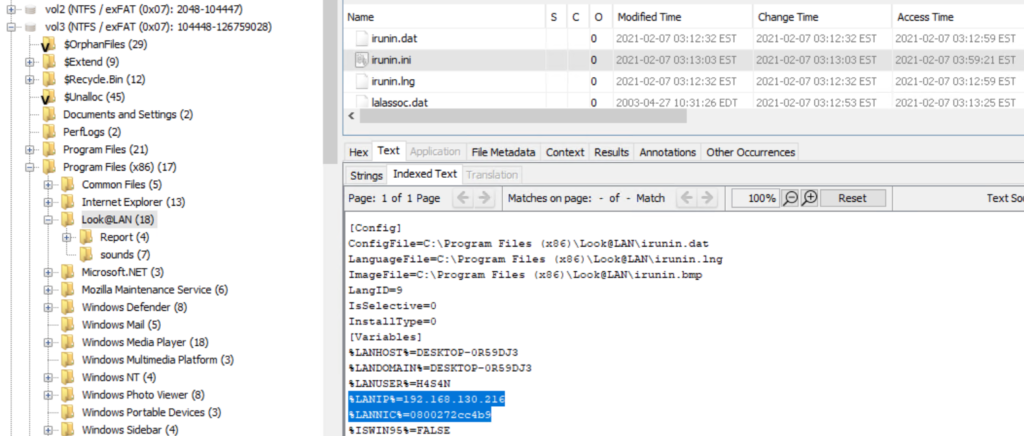 found the ip and mac in the ini file of an app in Autopsy